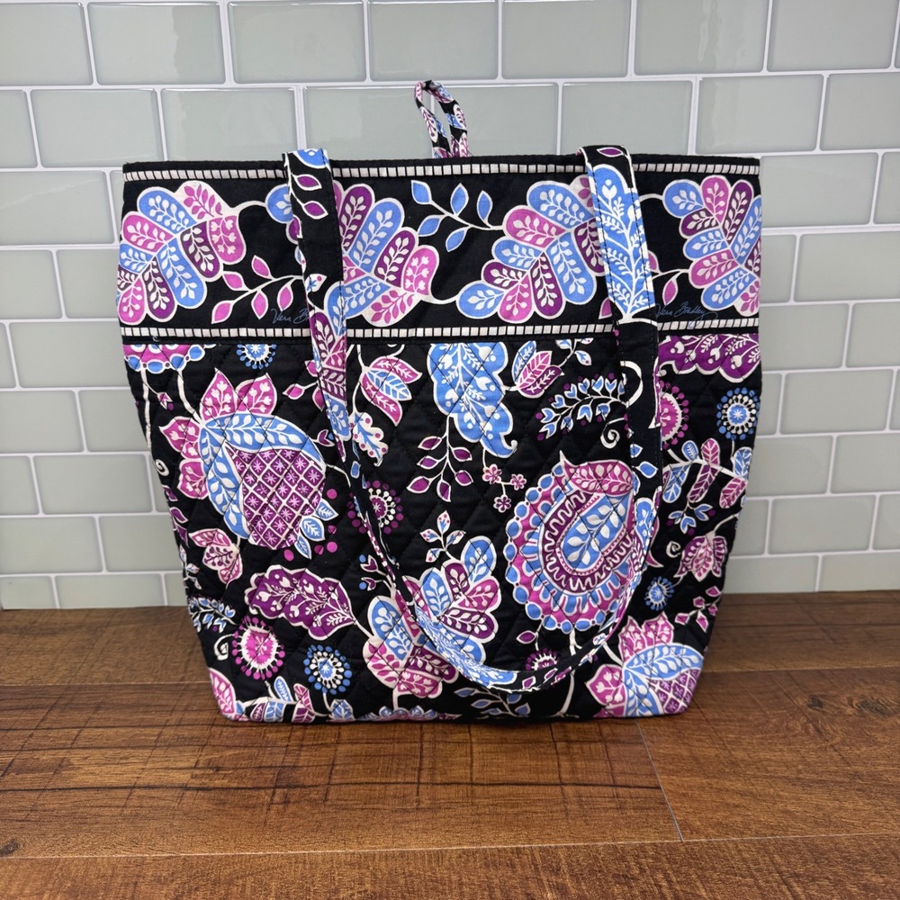 Vera Bradley Alpine Floral Quilted Tote Bag Monogram NPM Blue Purple Plaid - Picture 2 of 14